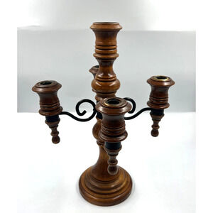 Vintage Candelabra Wooden Curved Metal 4 Arms Stick Candle Holder Decor
